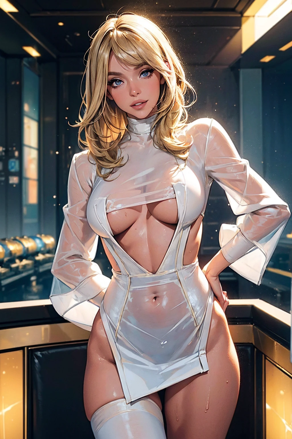 ((((masterpiece, best quality, high resolution)))), Extremely detailed 8K, Beautiful girl with slender body, e-girl, (Ultra HD, Ultra-detailed, Highly detailed, Highly realistic, Ultra-realistic, photograph realistic), (1girl:1.5), (Realistic blonde hair with dark roots), wavy hair, boho bob cut,(dark makeup, pink eyeshadow), facing at camera, light smile, (white and gold outfit, see through clothes, wet skin, transparent). (space cruise), coy grin, slender body, underbutt, (girl holding dildo)
