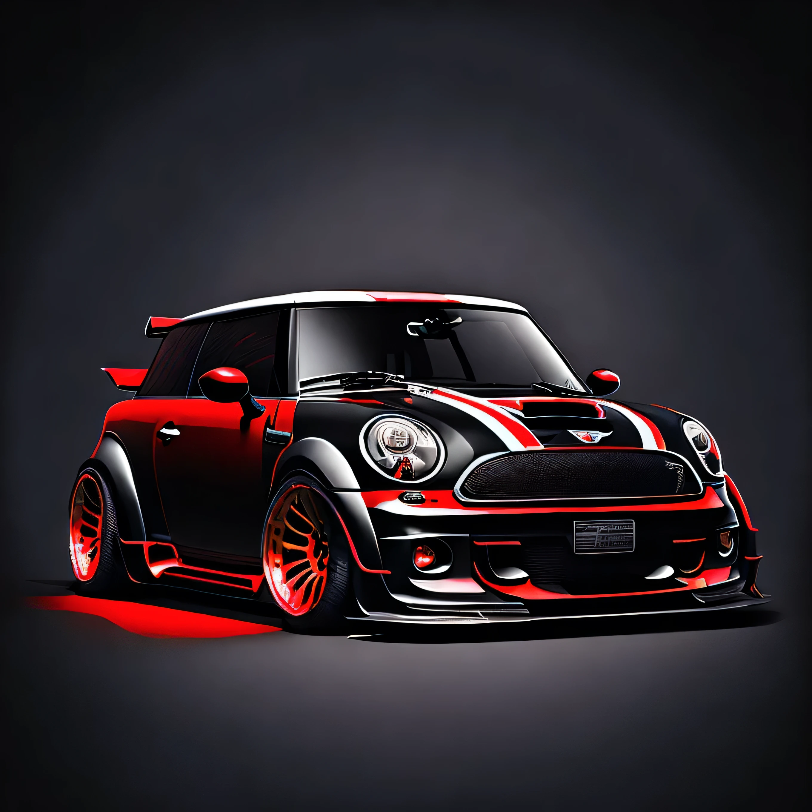 circle t-shirt graphic design, rear view of R56 Mini Cooper S Gloss black and red roof colour scheme, ((carbon fibre, Liberty walk ultra wide body kit)), aggressive stance ((background: racetrack, outside old industrial style building, large windows in background, bright sky, heavy industrial look, 8K quality, realistic, realism, sharp, detailed, ultrawide, , front profile, epic stance, epic ultra wide body kit, super low stance, aggressive looks , street, highly detailed clean, vector image, realistic masterpiece, professional photography, realistic car, flat black background, isometric, vibrant vector