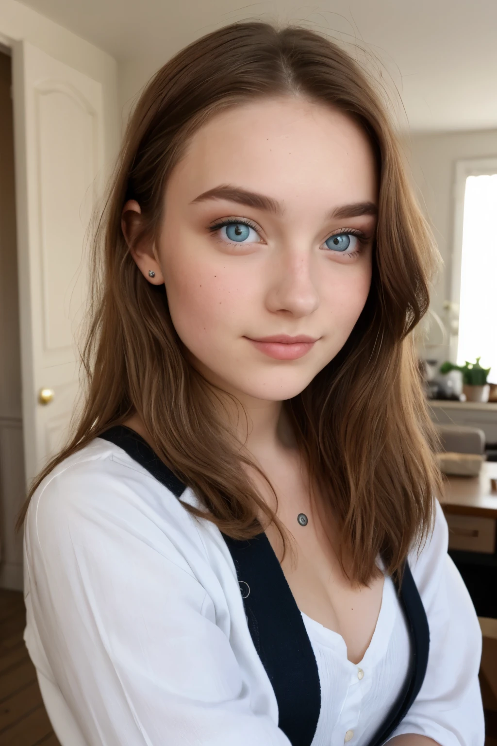 Femme scandinave de 18 ans, magnifique, visage parfait, regarder le spectateur, (Porter du maquillage), (Yeux très détaillés), (porter l&#39;uniforme scolaire catholique), (mini-jupe à carreaux), (chaussettes blanches), debout en classe