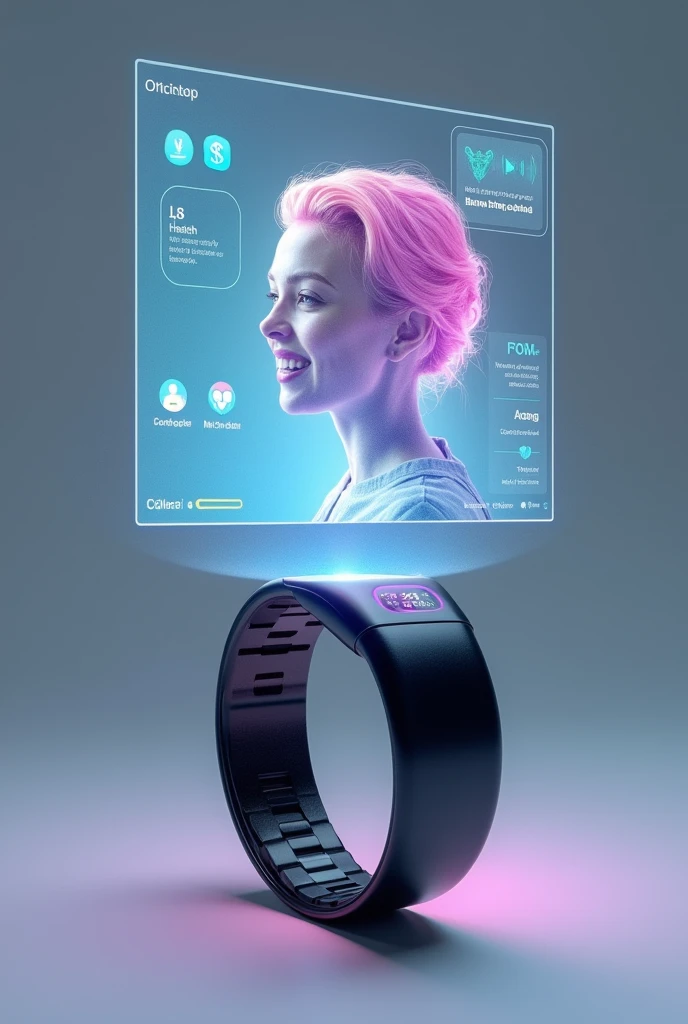 A sleek, modern wristband, the SmartWrap, is showcased against a minimalist backdrop. The wristband features a vibrant 3D hologram of a person’s face engaged in a lively video call, projected above the device. Nearby, an elegant digital interface displays health metrics and banking options with colorful, interactive elements. The scene highlights the SmartWrap’s seamless blend of advanced technology and everyday convenience, emphasizing its role in revolutionizing personal tech.