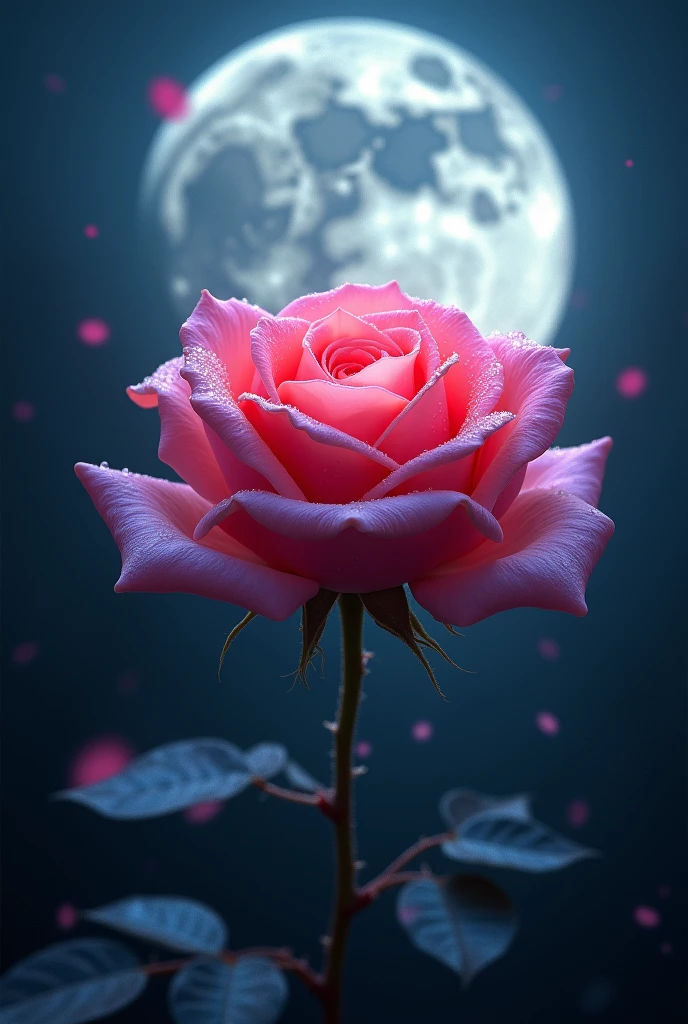 A beautiful rose with the image of the full moon in the background 