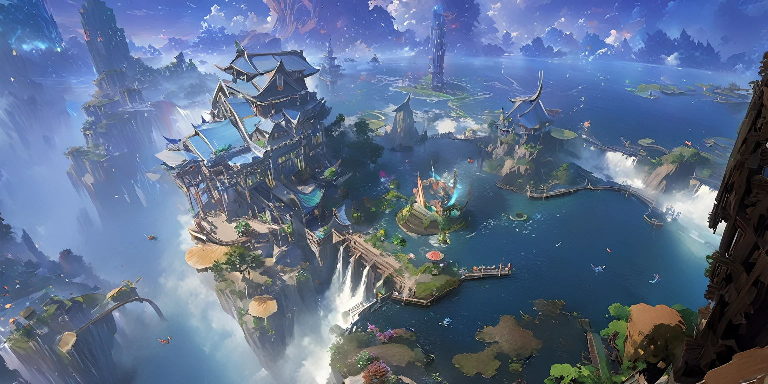 There is a Chinese-style building in the middle of a small island, Game concept art, Final Fantasy Vll World Concept, 2. 5D CGI anime fantasy artwork, Concept World Art, Beautiful concept art, dota matte concept art, Concept Art Wallpaper 4K, conceptartworld, Matte Mystery Dota Pixar, Fantasy concept art, League of Legends concept art ,Ultra-high resolution (Fidelity: 1.4), Ultra-high quality, Extremely detailed CG unity 8k wallpaper, aesthetics, Award-winning photography, True high detail, Detail improvements, Remove blur, complex, The art of travel. Visually stunning. Beautiful city pixels, Blue Hour Photography, Spectacular clouds, Fantasy Clouds.