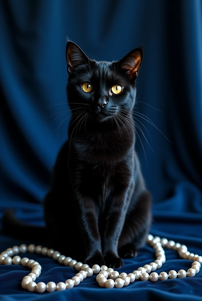 Black cat with navy blue background with pearls around the cat