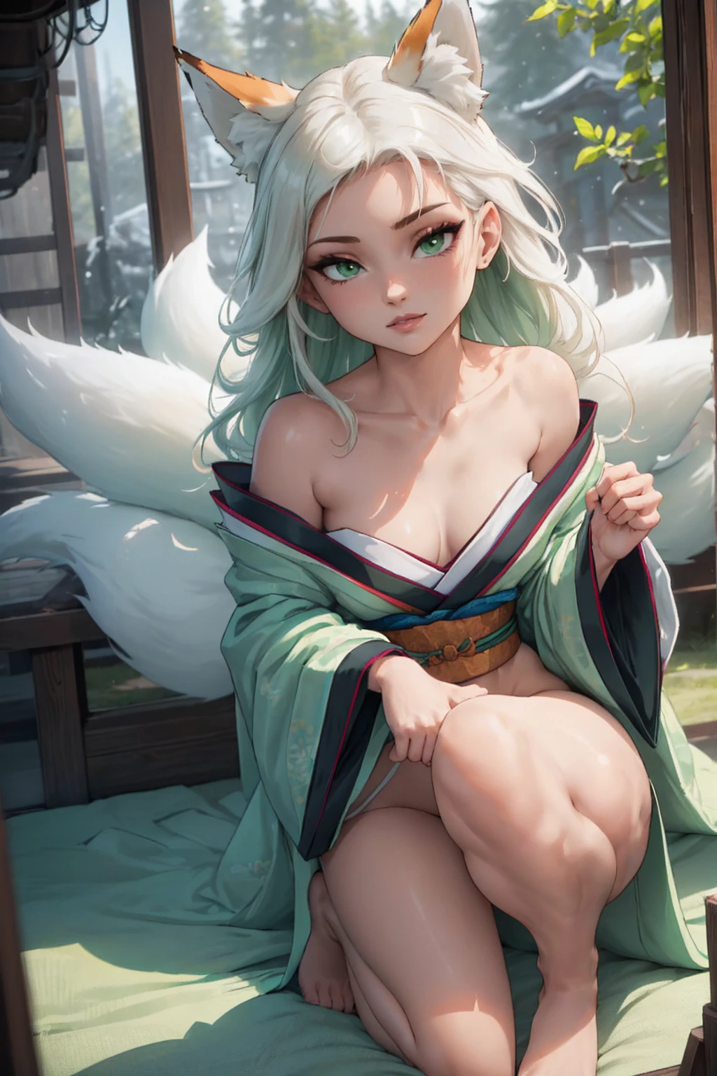 ((ultra quality)), ((Masterpiece)), ((8K)), kitsune, Skinny physique, ((white long flowing hair)), (Beautiful face), (kitsune ears), charming, ((sexy facial expression)), looks at the camera with a slight smile, eyes closed a little, (Skin color white), (snow-white skin), glare on the body, ((detailed beautiful female eyes)), ((Green eyes)), (beautiful female lips), (dark eyeliner), (beautiful female hands), ((Ideal female figure)), Ideal female body, beautiful waist, beautiful hips, small breasts, (dressed in Japanese kimono), ((subtle and beautiful)), sits seductively on your knees (), background: Japanese Room, ((depth of field)), ((high quality clear image)), (clear details), ((High detail)), realistically, ((Clear Focus))
