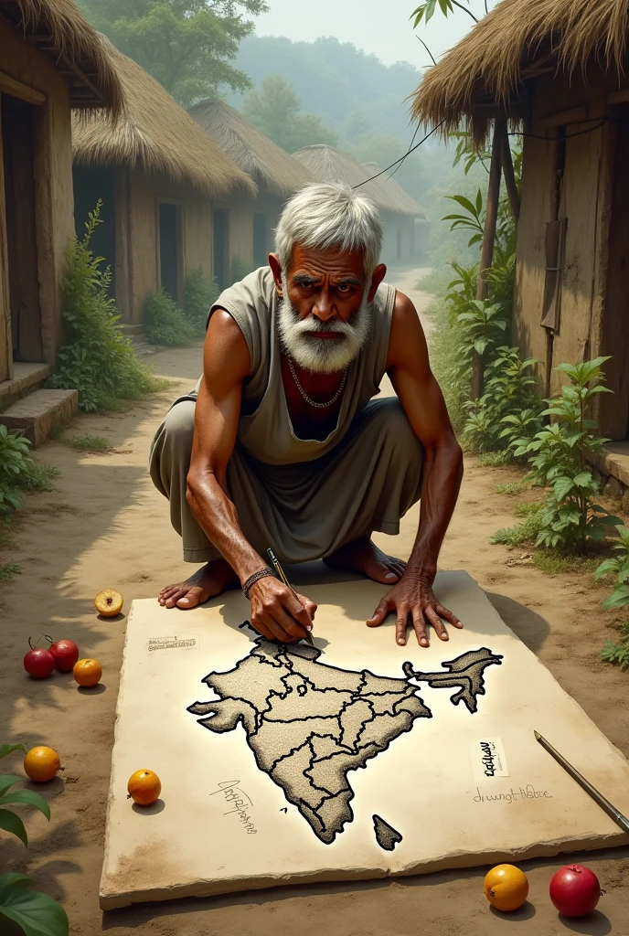 A poor man drawing India map in village with fruit