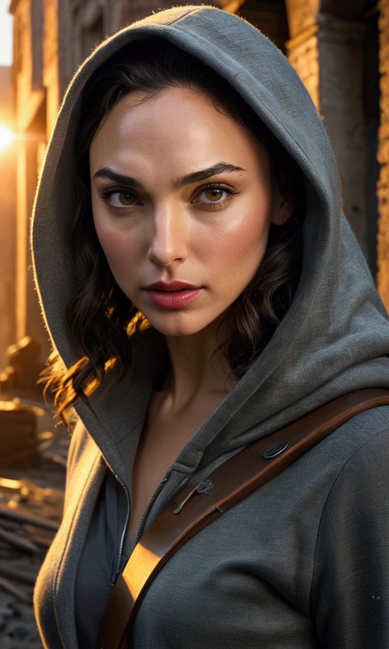 Gal Gadot, beautiful detailed eyes, beautiful detailed lips, extremely detailed face, long eyelashes, wearing a crop hoodie, trousers, carrying a rifle, at a silent abandoned city, cinematic lighting, dramatic shadows, vivid colors, epic scale, photorealistic, highly detailed, 8k, best quality, masterpiece