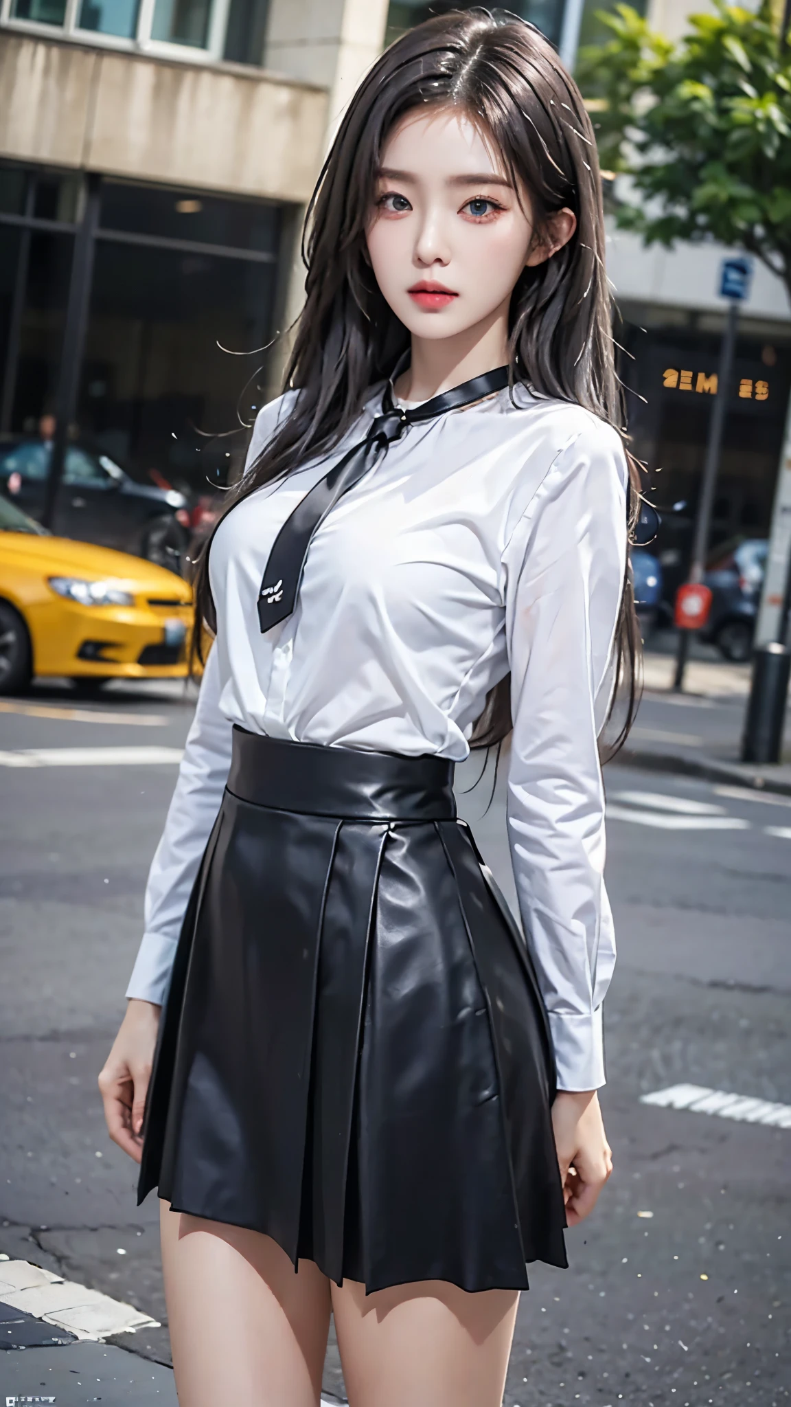 realistic, high resolution, 1 woman, butt up, beautiful eyes, gray hair, long hair, round eyes, collar shirt, belly button visible, black tie, black skirt, city street, short skirt that shows buttocks, dressed like a student