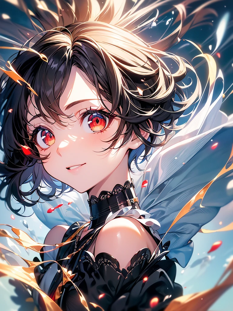 (masterpiece, highest quality, highest quality, (No text), Beautiful and aesthetic:1.2),No text,アニメ、BREAK,One Girl，Black Hair Girl　short hair　boyish　choker　Beautiful eyes　Red eyes　cool　smile　Black and Red　whole body　In town
