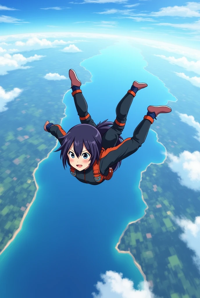 a anime sky diver expriencre the thrill of free fall ,with earth aproching rapidly below and expansive sky above