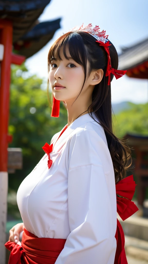 Reimu_hakurei, Standing Back, shrine maiden, shrine background,large full breasts