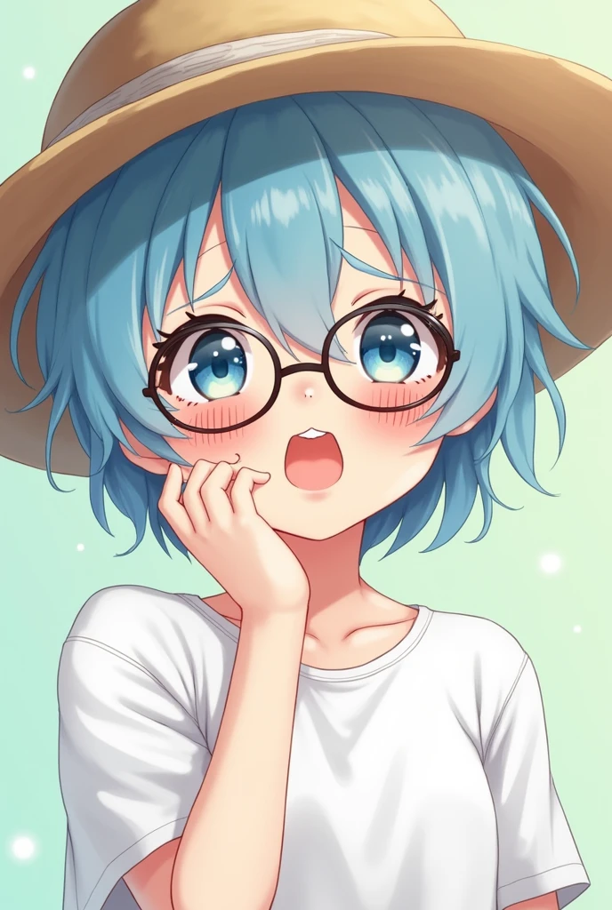 A cute boy with short light blue hair, anime style, glasses, a straw hat and whiteTWearing a shirt and crying