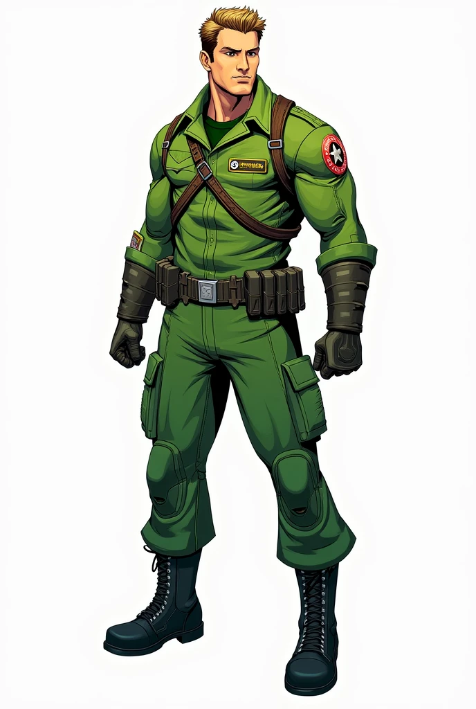 drawning, bright coloured, Creative fusion of the characters Chris Redfield and Steve Rogers, green uniform two S.T.a.R.S., white background, fully body