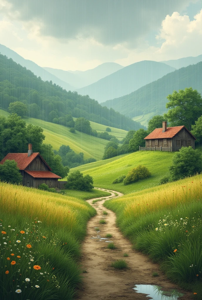 Create a landscape of a serene countryside scene during a gentle summer rain
