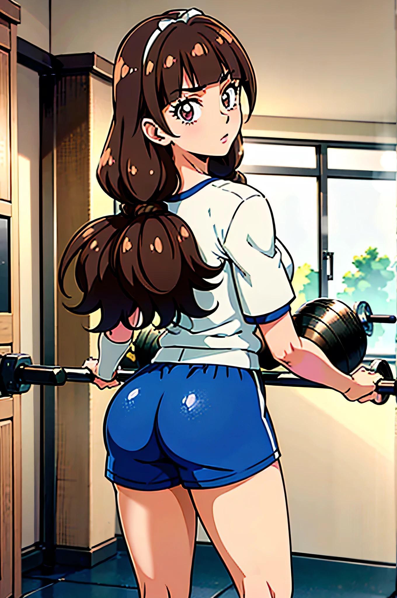 1 girl, (solo), ((amanogawaki)), best quality, highres, high quality, 8k, HD, super detail, anatomically correct, UHD, accurate, (masterpiece:1.0), (high quality:1.0), (ultra detailed), ((Adult:1.2)), Looking at viewer, wearing gym_outfit, inside gym, back view, taking a selfie, gym shorts, gym shirts
