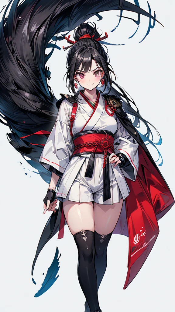 Adult women ponytail tall Narrow eyes smile Glare frivolous attitude Japanese Clothing White shirt Black hot pants Black long gloves Black knee socks Please put your hands on your hips Holding a naginata Cape Mechanized Japanese castle in the background