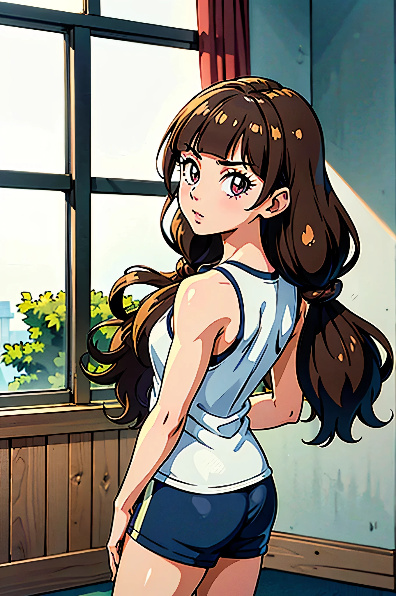 1 girl, (solo), ((amanogawaki)), best quality, highres, high quality, 8k, HD, super detail, anatomically correct, UHD, accurate, (masterpiece:1.0), (high quality:1.0), (ultra detailed), ((Adult:1.2)), Looking at viewer, wearing gym_outfit, inside gym, back view, taking a selfie, gym shorts, gym shirts