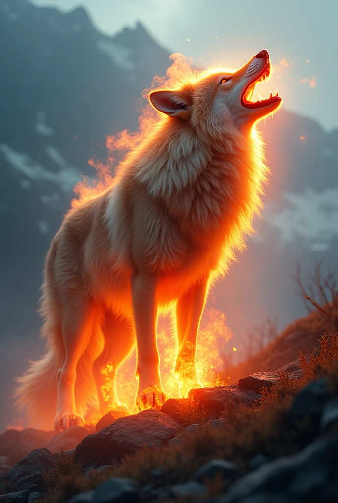 Fantasy photo of a mythical wolf with flowing, fiery fur, breathing out flames, full body framing, in a dramatic, misty mountainous landscape, with vibrant, surreal lighting creating a glowing effect, shot from a low angle, on a Sony A7R IV with a 24-70mm lens