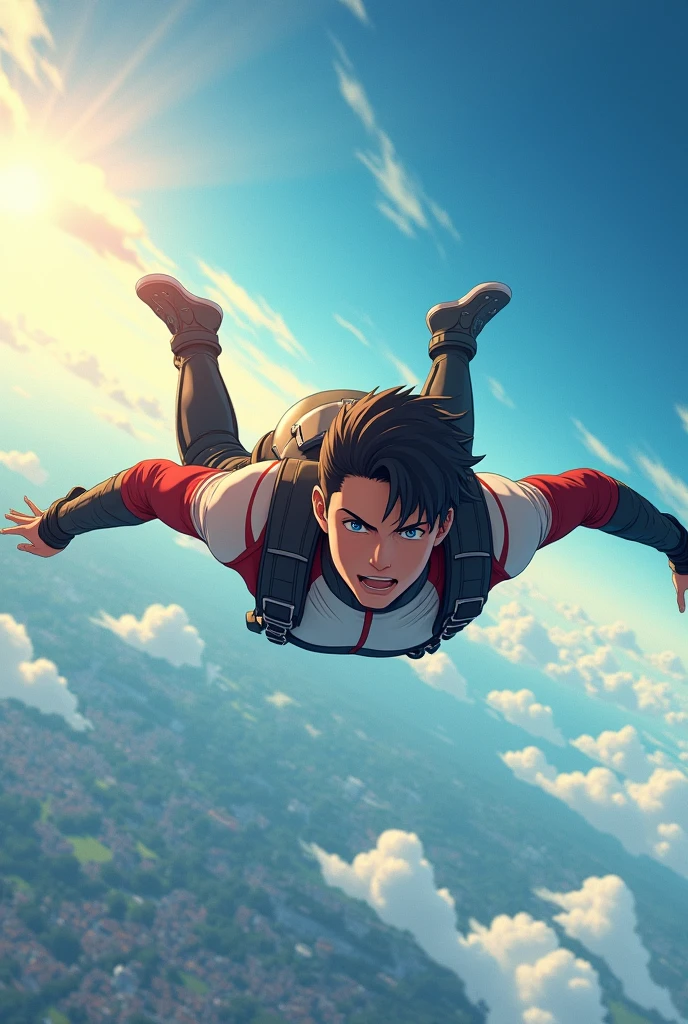 a anime man sky diver expriencre the thrill of free fall ,with earth aproching rapidly below and expansive sky above