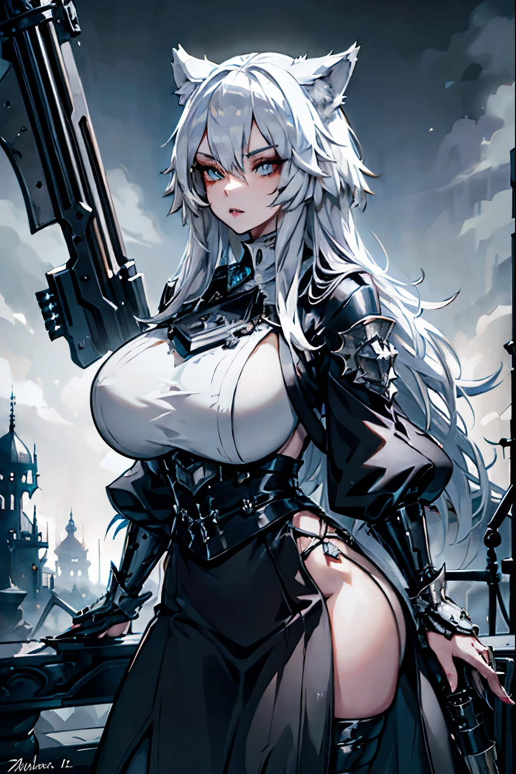 a beautiful young woman with silver hair, short hairstyle, wolf ears, wolf tail, nun, sniper rifle, detailed facial features, detailed eyes, detailed lips, extremely detailed face, long eyelashes, intricate ornate details, medieval fantasy, cinematic lighting, dramatic colors, moody atmosphere, hyper realistic, 8k, best quality, masterpiece, photo-realistic