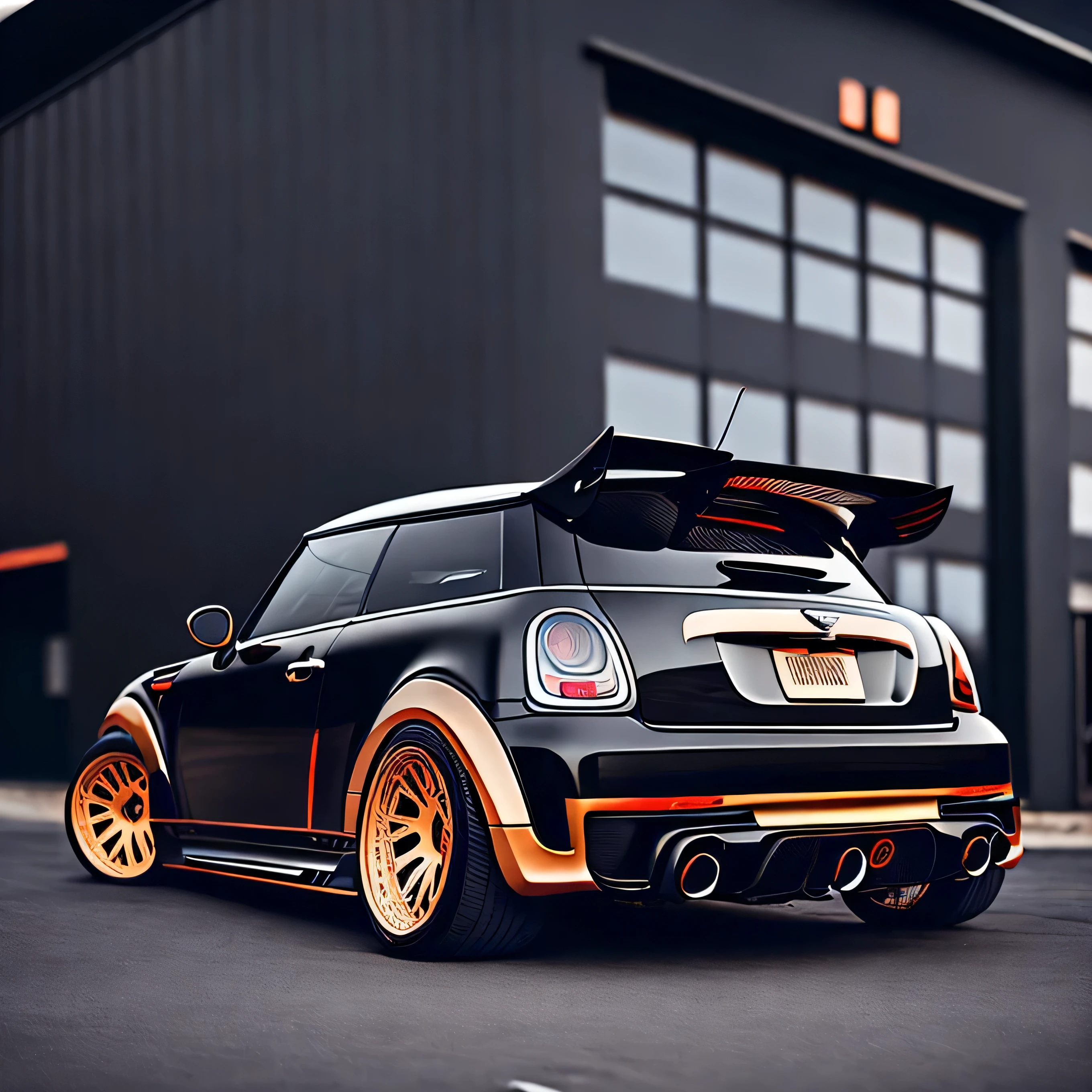 rear view using circle t-shirt graphic design, rear view of R56 Mini Cooper S matte grey and black roof and black bonnet stripes colour scheme, ((carbon fibre, Liberty walk ultra wide body kit)), aggressive stance ((background: racetrack, outside old industrial style building, large windows in background, bright sky, heavy industrial look, 8K quality, realistic, realism, sharp, detailed, ultrawide, , front profile, epic stance, epic ultra wide body kit, super low stance, aggressive looks , street, highly detailed clean, vector image, realistic masterpiece, professional photography, realistic car, flat black background, isometric, vibrant vector