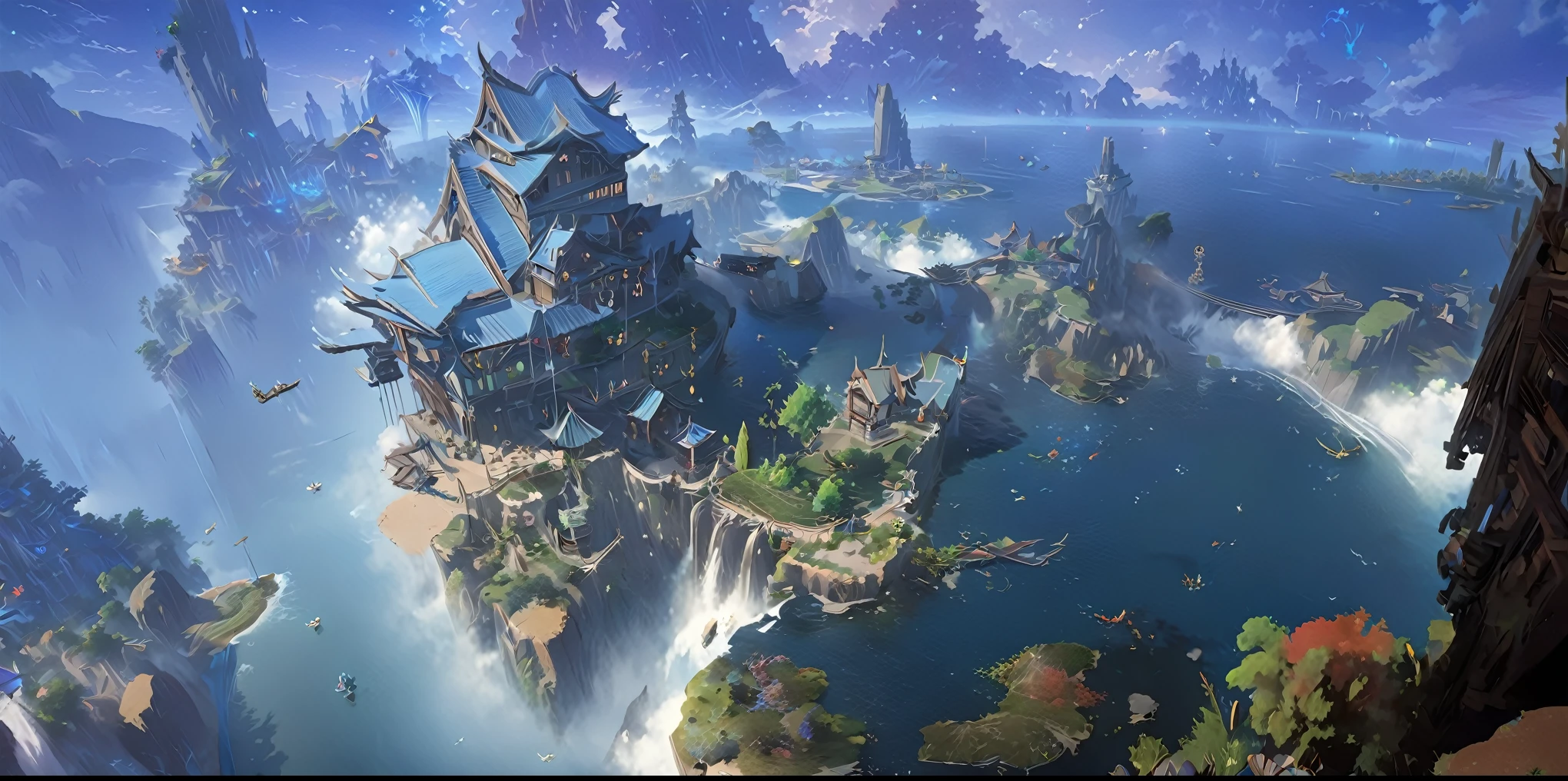 There is a Chinese-style building in the middle of a small island, Game concept art, Final Fantasy Vll World Concept, 2. 5D CGI anime fantasy artwork, Concept World Art, Beautiful concept art, dota matte concept art, Concept Art Wallpaper 4K, conceptartworld, Matte Mystery Dota Pixar, Fantasy concept art, League of Legends concept art ,Ultra-high resolution (Fidelity: 1.4), Ultra-high quality, Extremely detailed CG unity 8k wallpaper, aesthetics, Award-winning photography, True high detail, Detail improvements, Remove blur, complex, The art of travel. Visually stunning. Beautiful city pixels, Blue Hour Photography, Spectacular clouds, Fantasy Clouds.