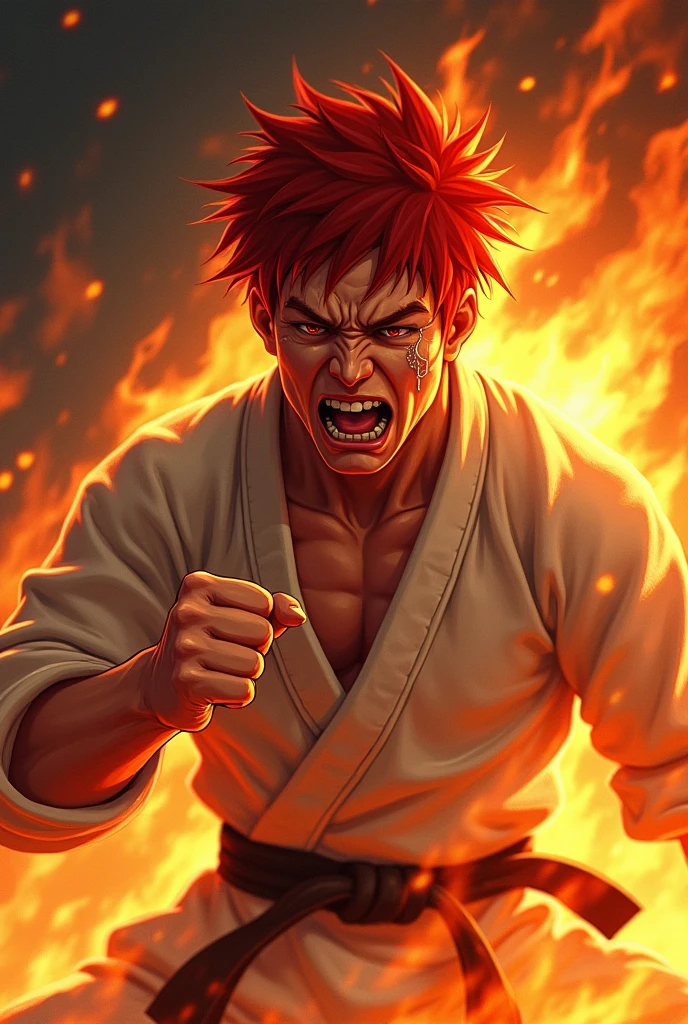 male、Spiky red short hair、My hair is standing on end in anger、Tears are flowing、whole body、Clenching his fist、Mid 20s、In flames、Judo、