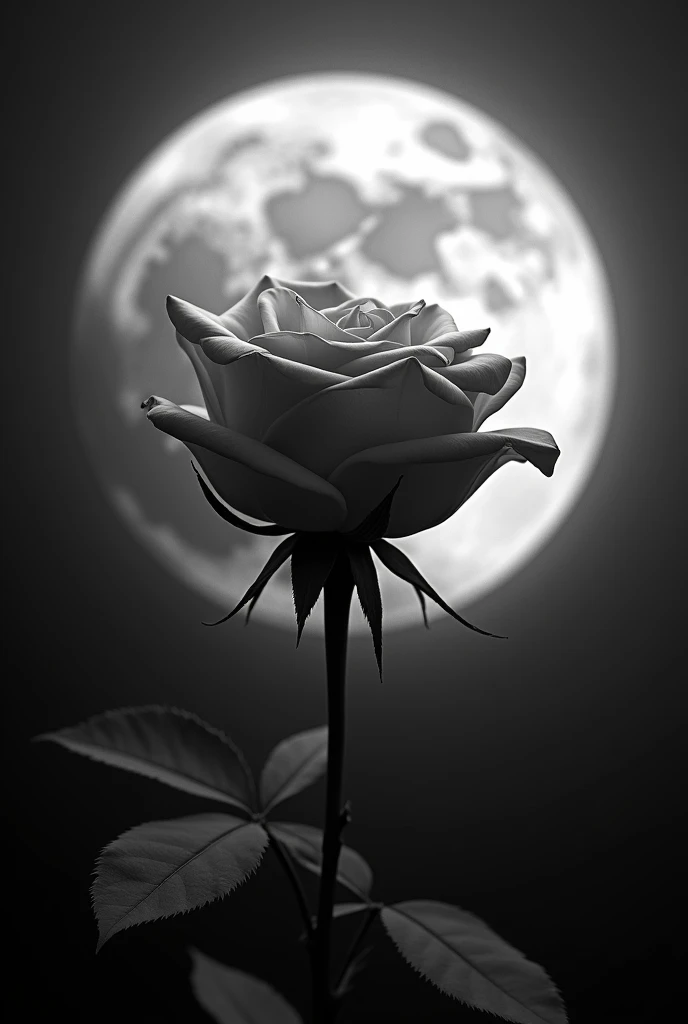 A beautiful rose in black and white with the image of the full moon in the background