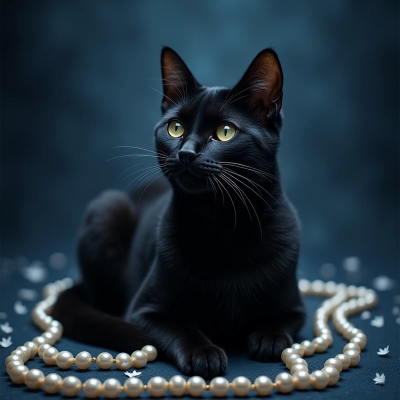 Black cat with navy blue background with pearls around the cat