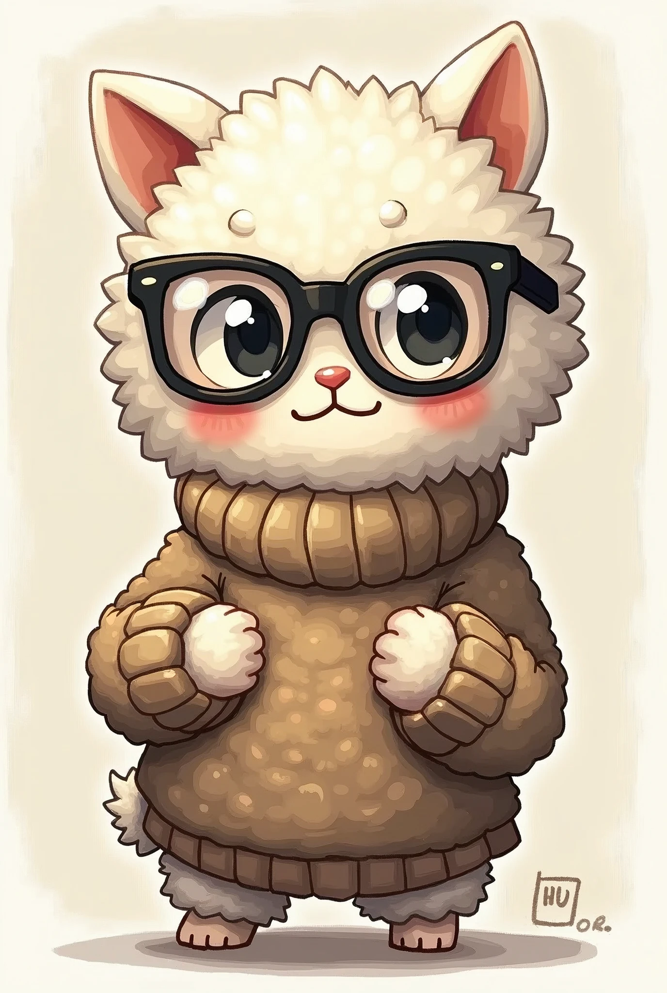 Character who is a ball of wool, just a ball of wool with glasses, transparent lenses, anime style cup head, a pixel species, sketch, knitting a sweater, ball of wool knitting a sweater
