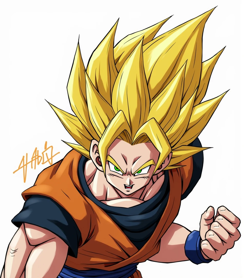 Super Saiyan 1,One boy,artist name,aura,Blonde,Clenched hands,Clenched handss,debris,Daugi,electricity,残りfire,fire,gloves,Shine,Men's Center,Muscular,Orange background,alone,Spiked Hair,Are standing,teeth,Torn clothes,vein,watermark