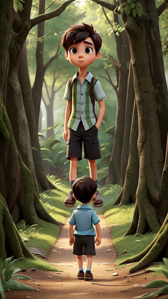 A boy with a confused expression walks and gets lost in the forest., he is looking for a way home