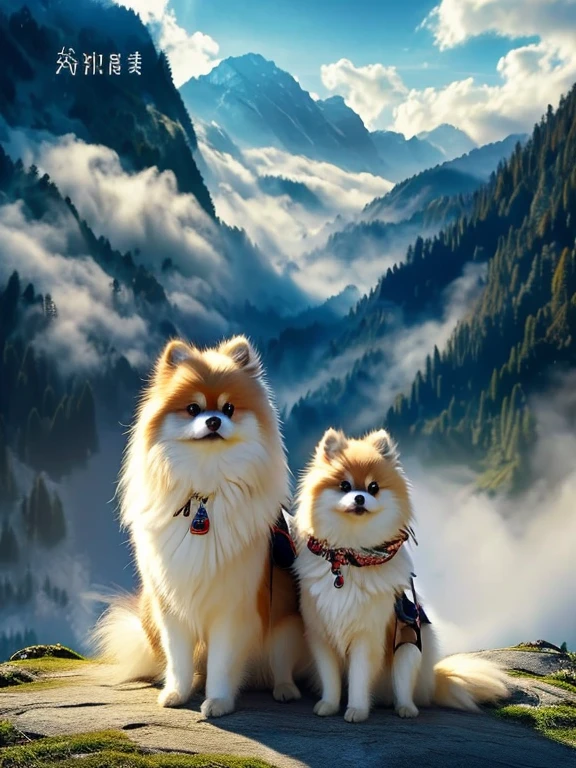 From side, Two savior-like Pomeranians, Pomeranian standing on two legs, Holding a walking stick, Watching over with kind eyes, In the fantastic foggy mountains, The mysterious morning sun shines through the mist, 