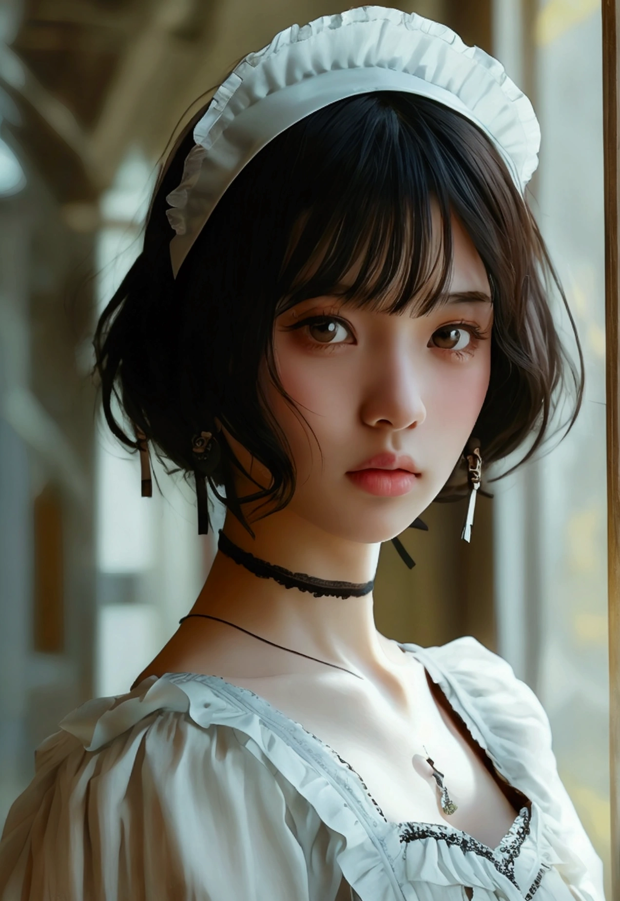 (8k, Photorealistic: 1.2, Raw photo: 1.2, Highest quality: 1.4),Japanese idol-style beautiful girl,model,1 person,18-year-old,(Short Bob),(Black Hair :1.1),She has her hair tucked behind her ears,Headband,Clear grey eyes,Long eyelashes,(piercings(small)),(Lip gloss),thin long neck,(Maid clothes(Frills,Puffy long skirt)),(layer),Western-style building terrace,Preparing tea,Full body portrait