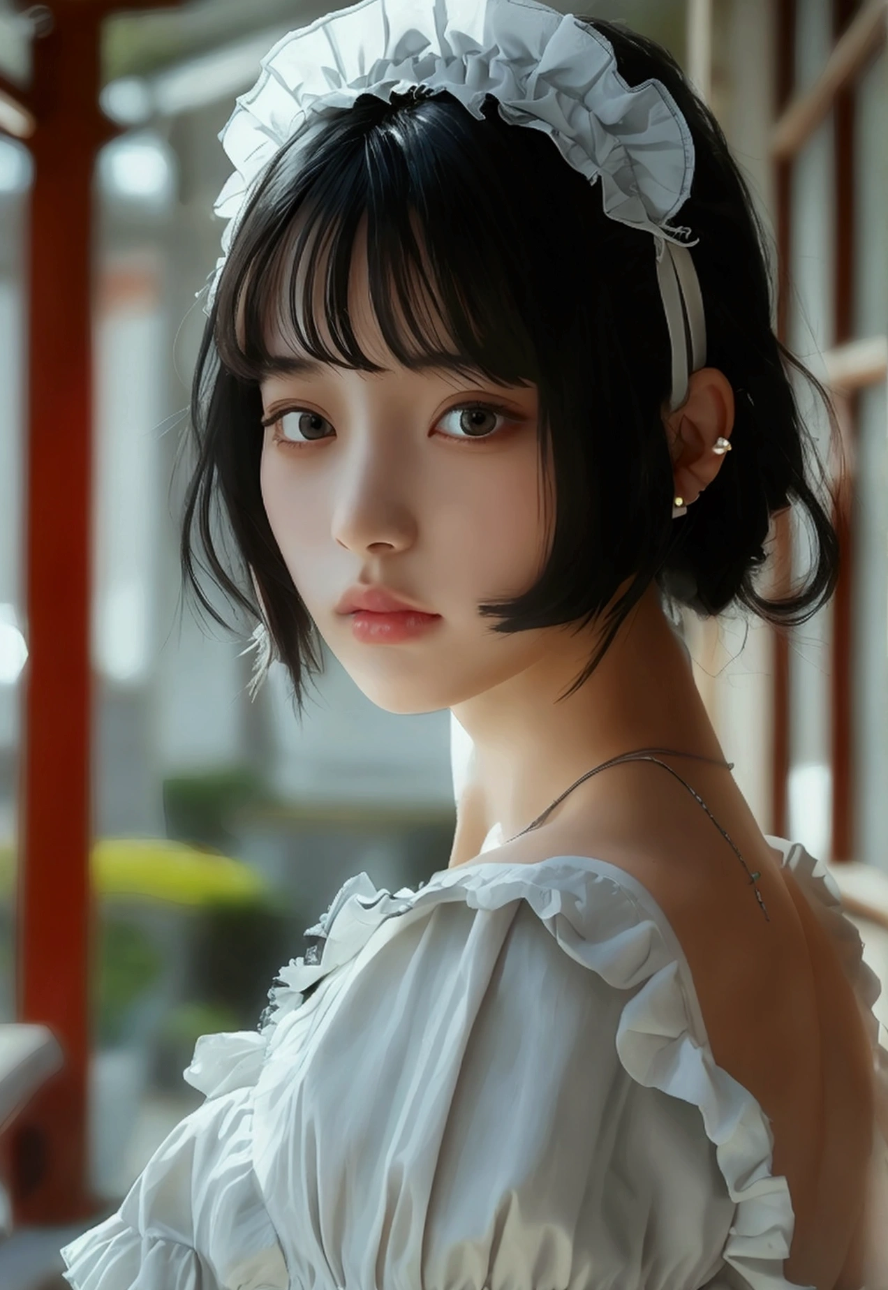 (8k, Photorealistic: 1.2, Raw photo: 1.2, Highest quality: 1.4),Japanese idol-style beautiful girl,model,1 person,18-year-old,(Short Bob),(Black Hair :1.1),She has her hair tucked behind her ears,Headband,Clear grey eyes,Long eyelashes,(piercings(small)),(Lip gloss),thin long neck,(Maid clothes(Frills,Puffy long skirt)),(layer),Western-style building terrace,Preparing tea,Full body portrait