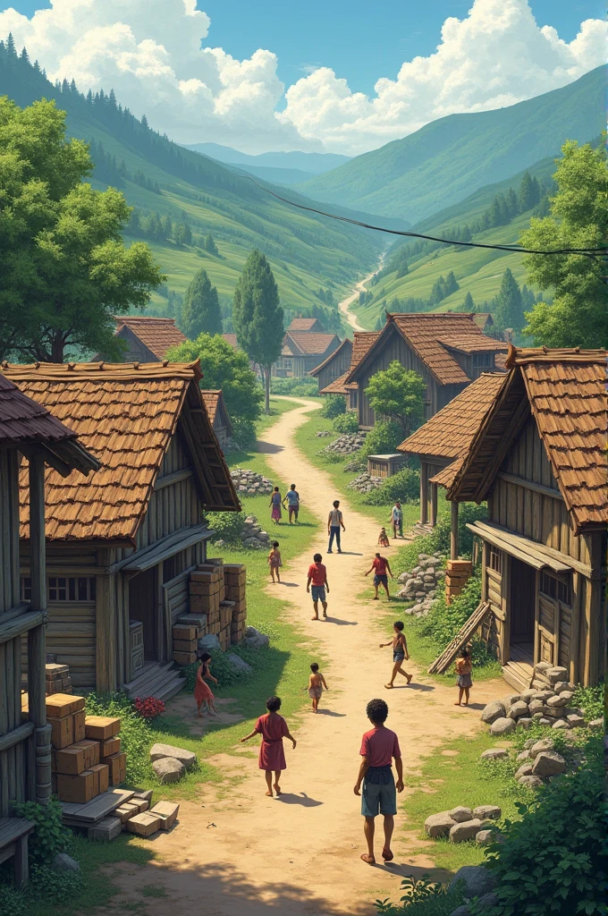 The village slowly rebuilding, people working together.]