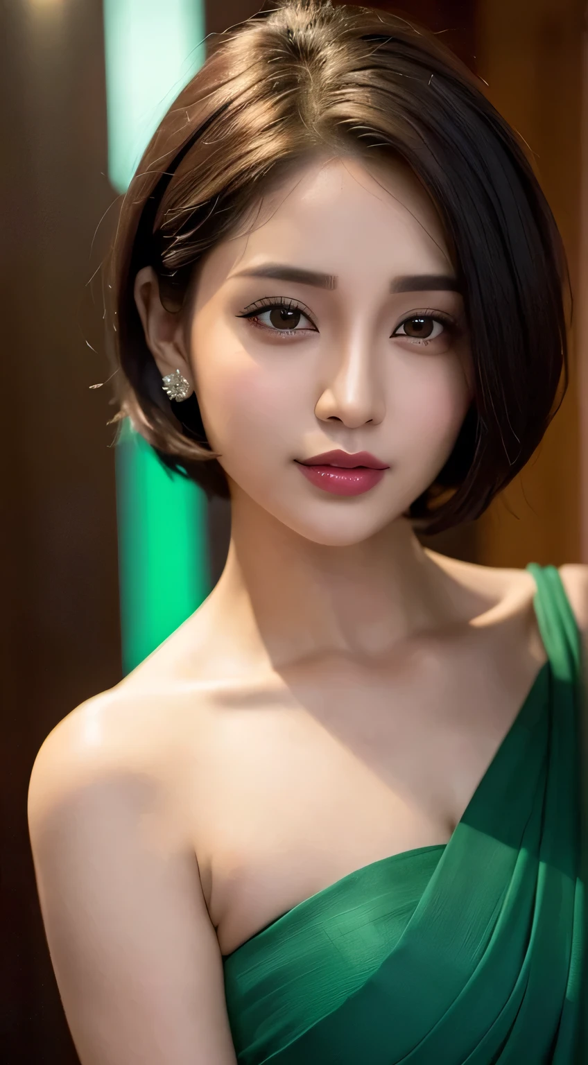 Amazing portrait of a woman who is 30 years old and an adult and a sexy woman with short hair in a bob style wearing a green saree during night time with soft lighting showcasing her red lips and her beautiful face in detail and close up