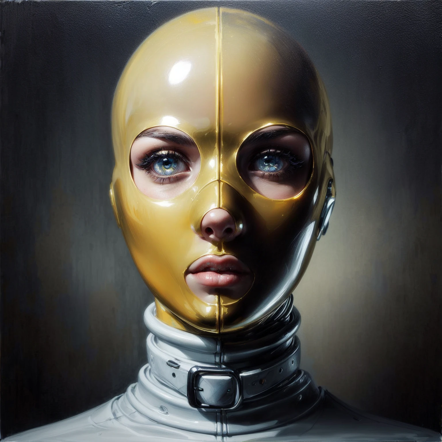 painting of a woman with a golden latex mask and a rubber collar, symmetry!! portrait of cyborg, symmetrical portrait scifi, adrian borda, portrait of metallic face, chrome face symmetry, ray swanland, symmetric portrait, symmetical face, stefan koidl, white skin and reflective eyes, inspired by Dino Valls, portrait of an android, humanoid portrait
