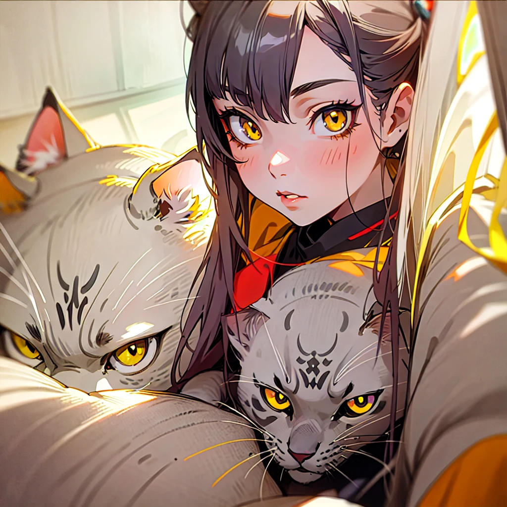 Young girl 18 years old, with a gray cat with yellow eyes, anime style, portrait, Maximum quality, maximum detail.