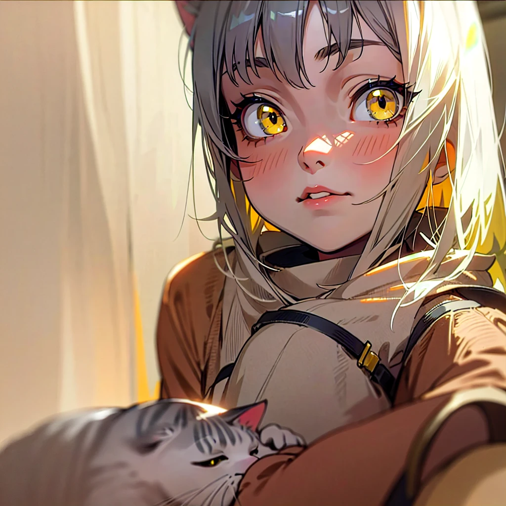 Young girl 18 years old, with a gray cat with yellow eyes, anime style, portrait, Maximum quality, maximum detail.