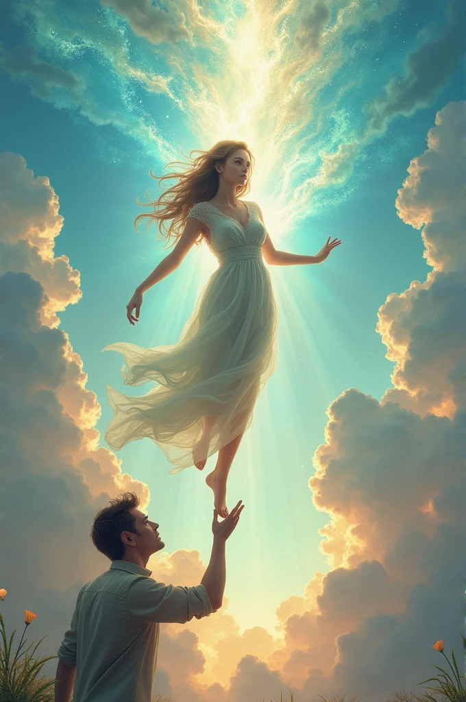 fantasy sky,girl going into the sky, man holding his hand