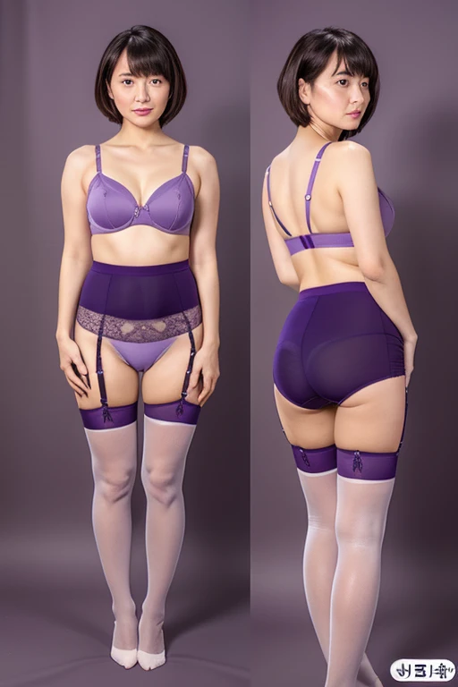 (8k、RAW Photos、Highest quality、Real、Photorealistic、Clear Lighting)、One person、Full body front、((Facial wrinkles)、(short hair:1.2)、Short Bob Hair、masterpiece、Japanese beauty 45 year old mature woman,Her eyes are staring straight ahead with an angry look。 The front cup of the bra is small with very little fabric.、The front cup is made of very thin, deep purple fabric.、The front part is completely covered。The panties are high cut, showing her nipples.、The panties are ultra-mini size, ultra-thin, ultra-high leg bikini cut shorts with very little fabric, fitting snugly against the genitals and allowing them to be seen through.。Sexy T-back shorts showing her man lines and pubic hair vertical split。She wears light purple stockings and a black garter belt.、The background will be grey。