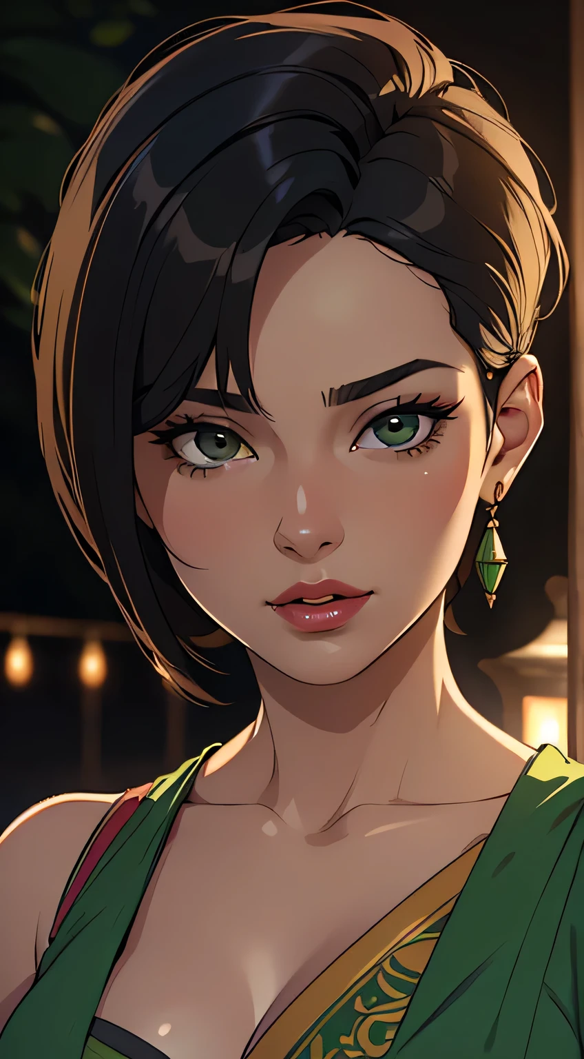 Amazing portrait of a woman who is 30 years old and an adult and a sexy woman with short hair in a bob style wearing a green saree during night time with soft lighting showcasing her red lips and her beautiful face in detail and close up 