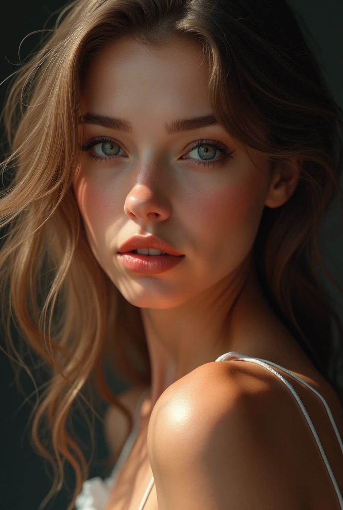 a beautiful woman, 34d, detailed portrait, beautiful detailed eyes, beautiful detailed lips, extremely detailed face, delicate skin, long eyelashes, serene expression, flowing hair, dramatic lighting, vibrant colors, oil painting, photorealistic, 8k, highres, masterpiece