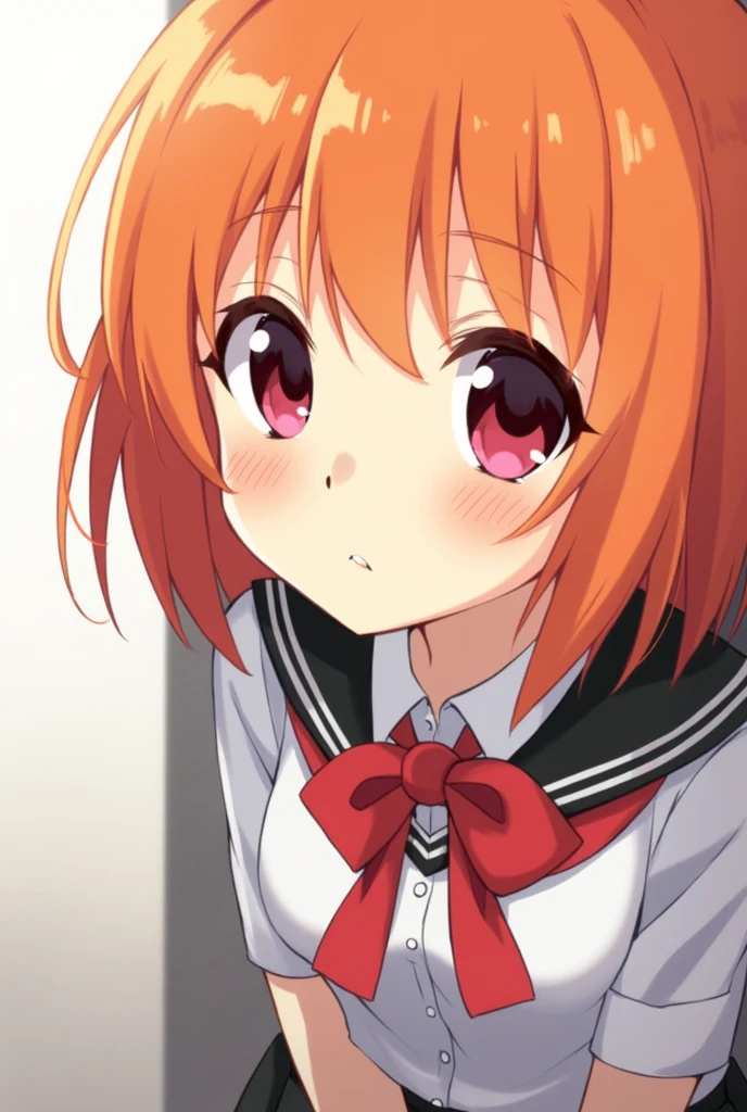 anime girl, orange hair, Red eyes, shy blush, School uniform