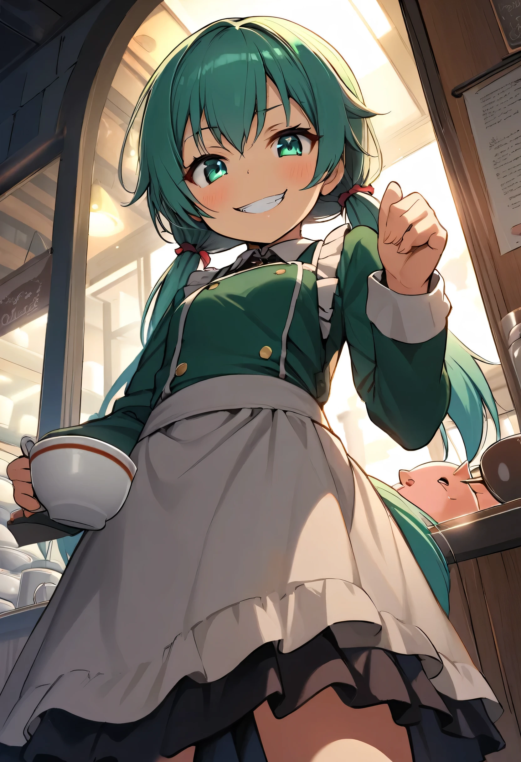 ((little girl)), ((petite)), ((teenage)), ((young girl)), ((young age)), ((14 year's old)), midiam breasts, short pig tail, low twintails, Teal green hair, waitress, hold a tea cup in one's hand,hold a dish in one's hand, smirk, evil grin, cafe, dynamic angle, from below