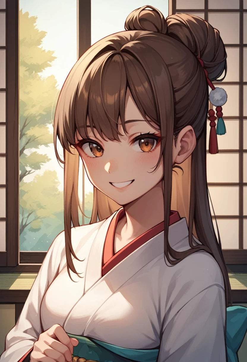 score_9, score_8_up, score_7_up, score_6_up, score_5_up, score_4_up, source_anime, 1girl,amber5star, upper body, smile, brown hair, hair bun, long hair, brown eyes, white stockings, kimono, Japanese room, best quality, best res, 4K UHD,
 