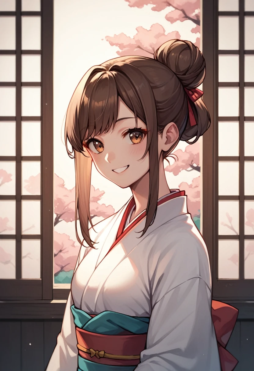 score_9, score_8_up, score_7_up, score_6_up, score_5_up, score_4_up, source_anime, 1girl,amber5star, upper body, smile, brown hair, hair bun, long hair, brown eyes, white stockings, kimono, Japanese room, best quality, best res, 4K UHD,
 