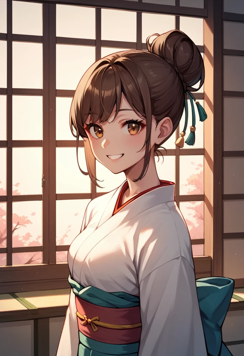 score_9, score_8_up, score_7_up, score_6_up, score_5_up, score_4_up, source_anime, 1girl,amber5star, upper body, smile, brown hair, hair bun, long hair, brown eyes, white stockings, kimono, Japanese room, best quality, best res, 4K UHD,