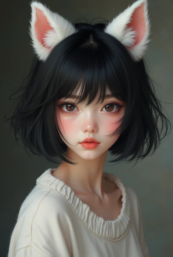 A beautiful girl with dog ears, about 22 years old, with boyish short black hair, dog ears are white, as they say, dog ears are white.