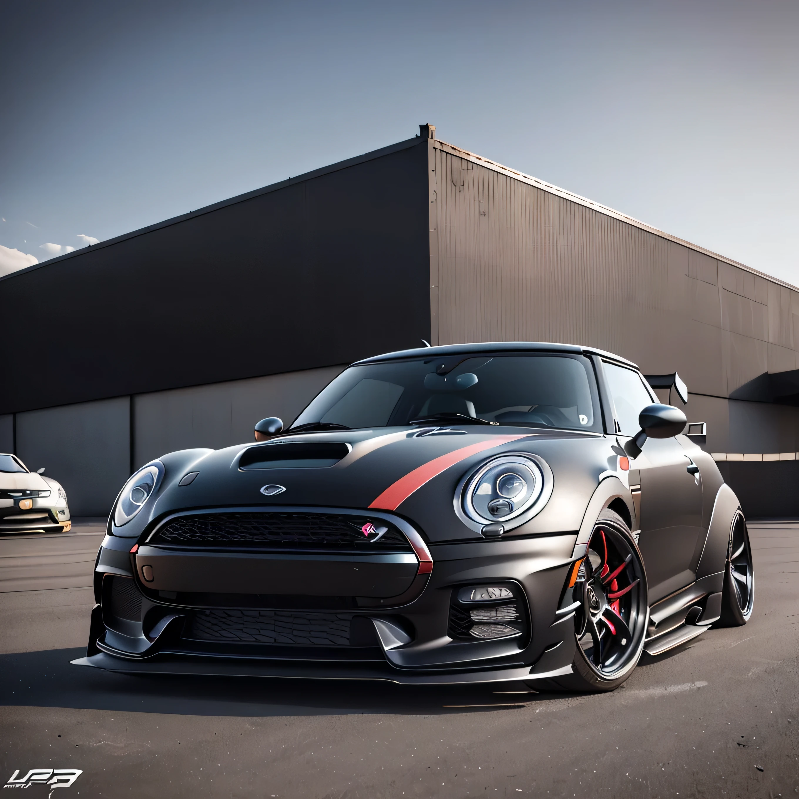 circle t-shirt graphic design, rear view of F56 Mini Cooper S matte grey and black roof and black bonnet stripes colour scheme, ((carbon fibre, Liberty walk ultra wide body kit)), aggressive stance ((background: racetrack, outside old industrial style building, large windows in background, bright sky, heavy industrial look, 8K quality, realistic, realism, sharp, detailed, ultrawide, , front profile, epic stance, epic ultra wide body kit, super low stance, aggressive looks , street, highly detailed clean, vector image, realistic masterpiece, professional photography, realistic car, flat black background, isometric, vibrant vector